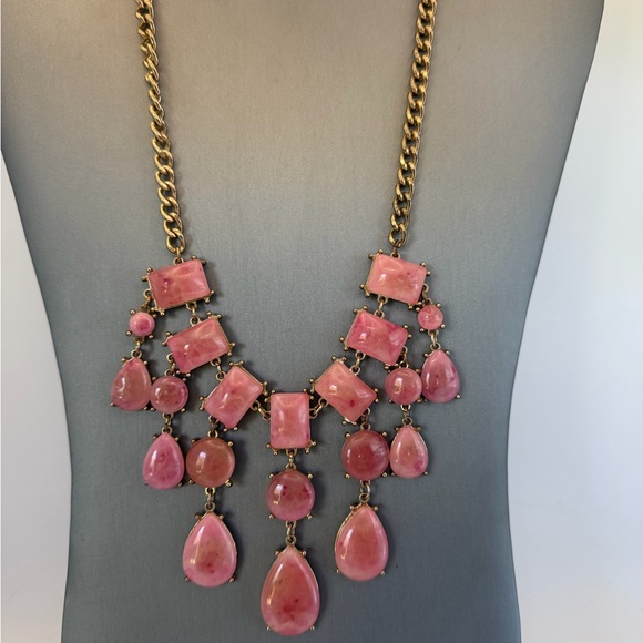 Gold Tone Marbled Pink Lucite Cabochon Statement Necklace - Picture 2 of 7